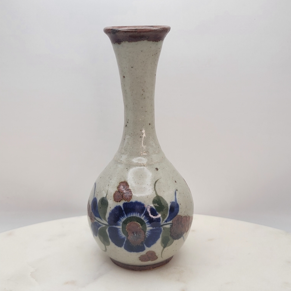 Tonala Mexico Pottery Small Bud Vase Hand Painted Floral Cobalt Blue Brown